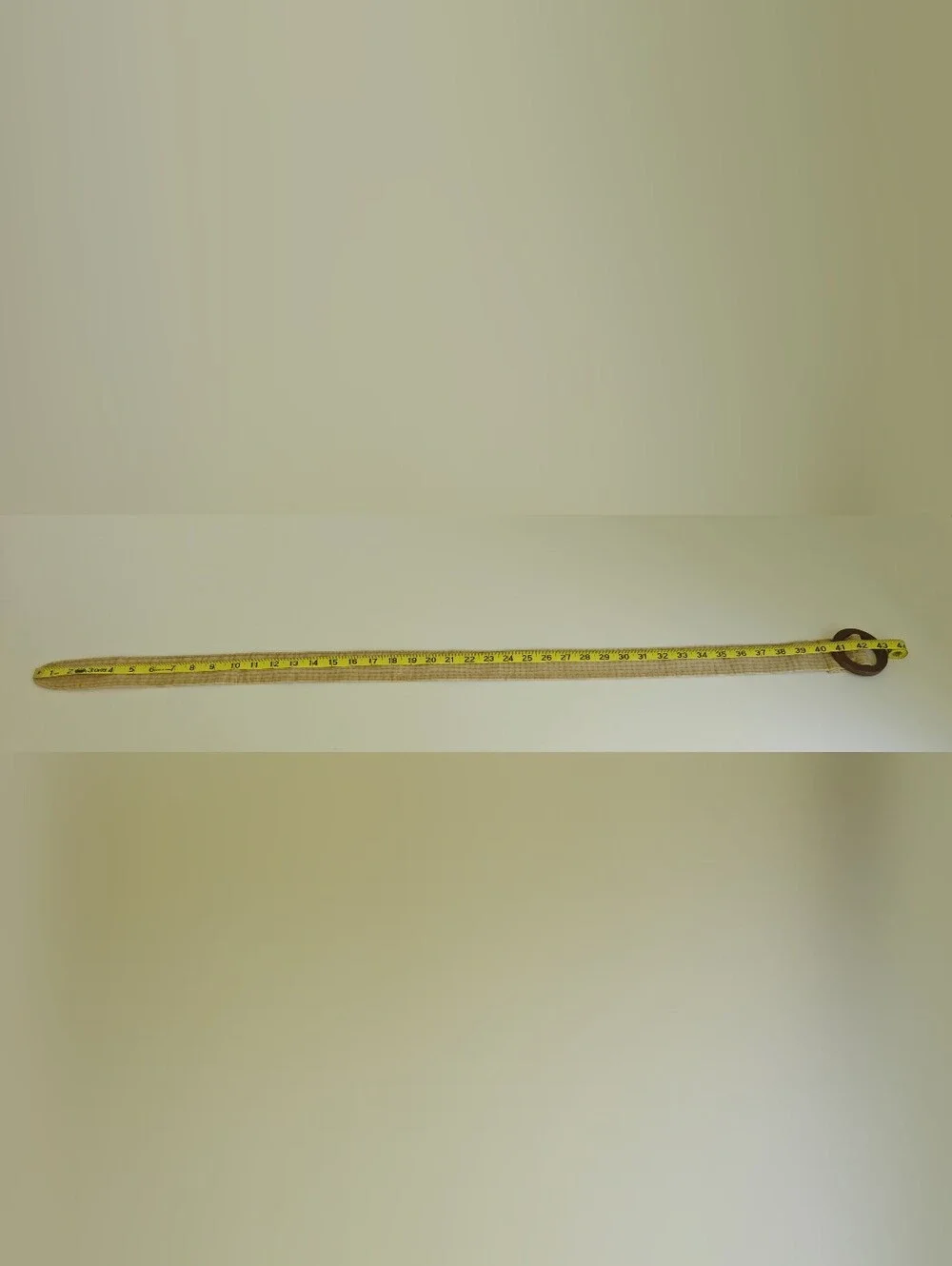 beige canvas stripe boho Y2K belt features dark brown round wooden buckle